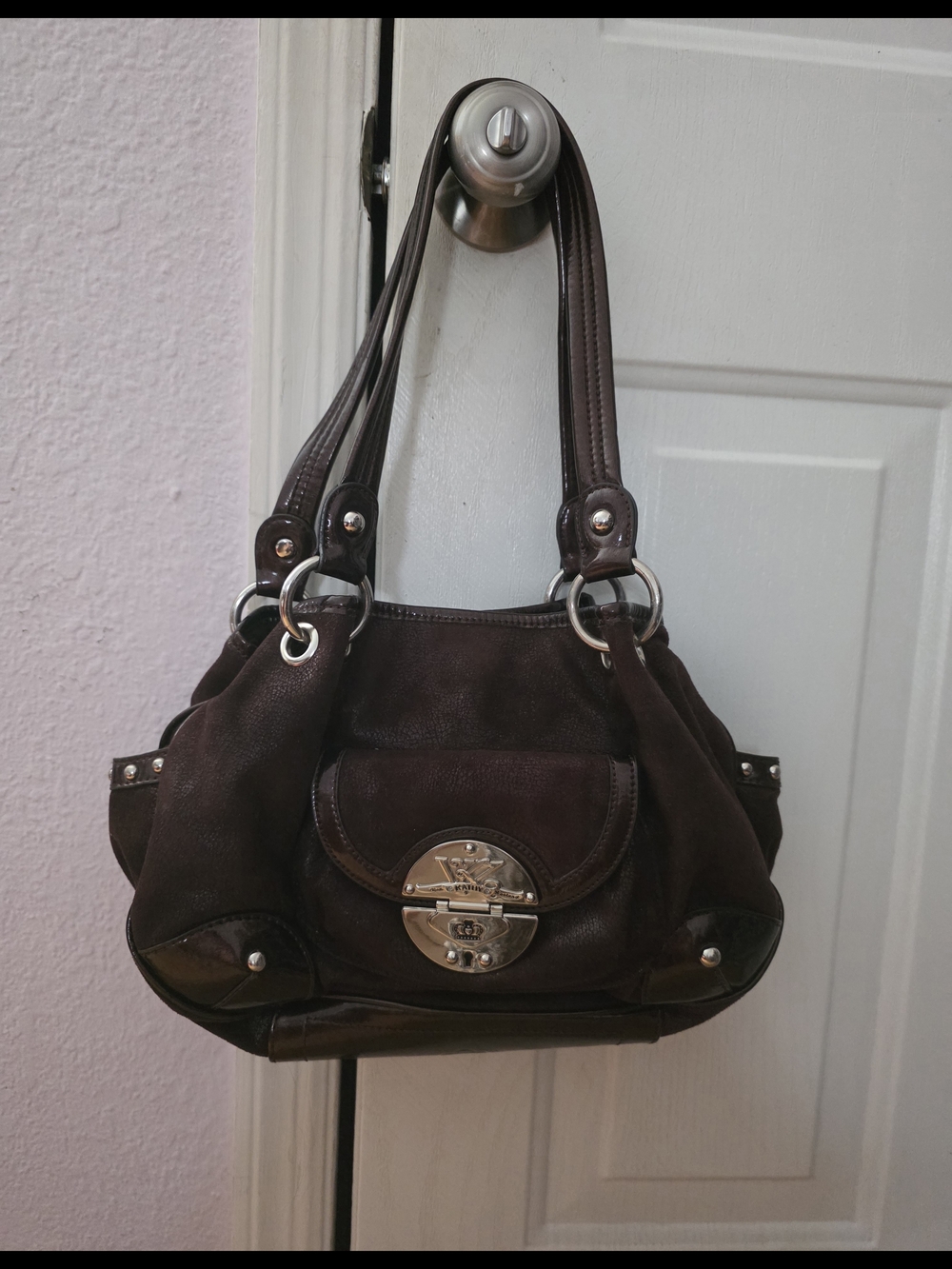 Women’s Brown Satchel Handbag with Silver Hardware